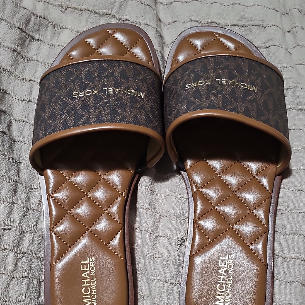 Michael Kors Tan and Brown Quilted Slide Sandals